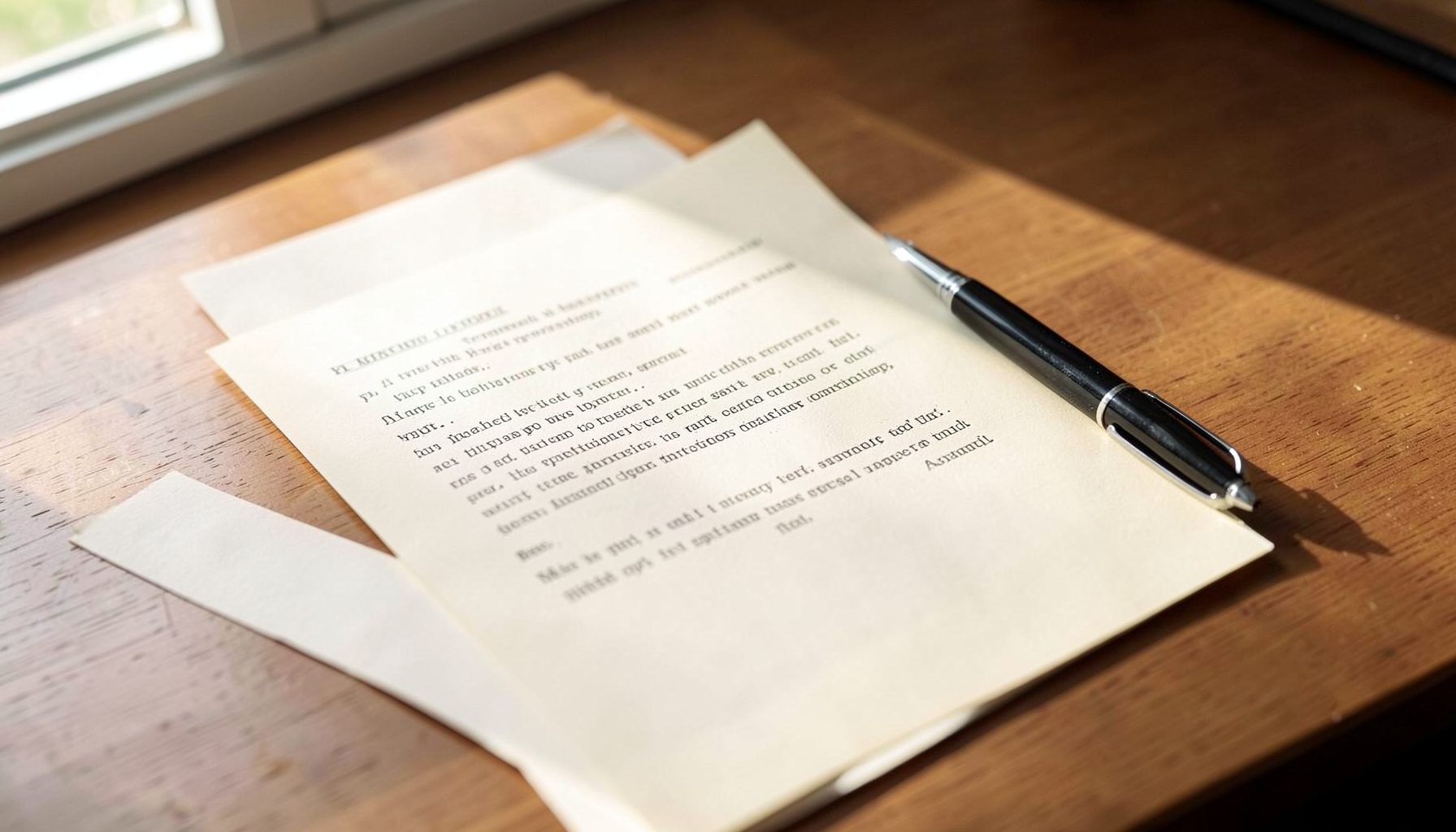 A clean desk surface with a neatly typed formal letter on cream paper, a dark fountain pen resting beside it, warm natural light