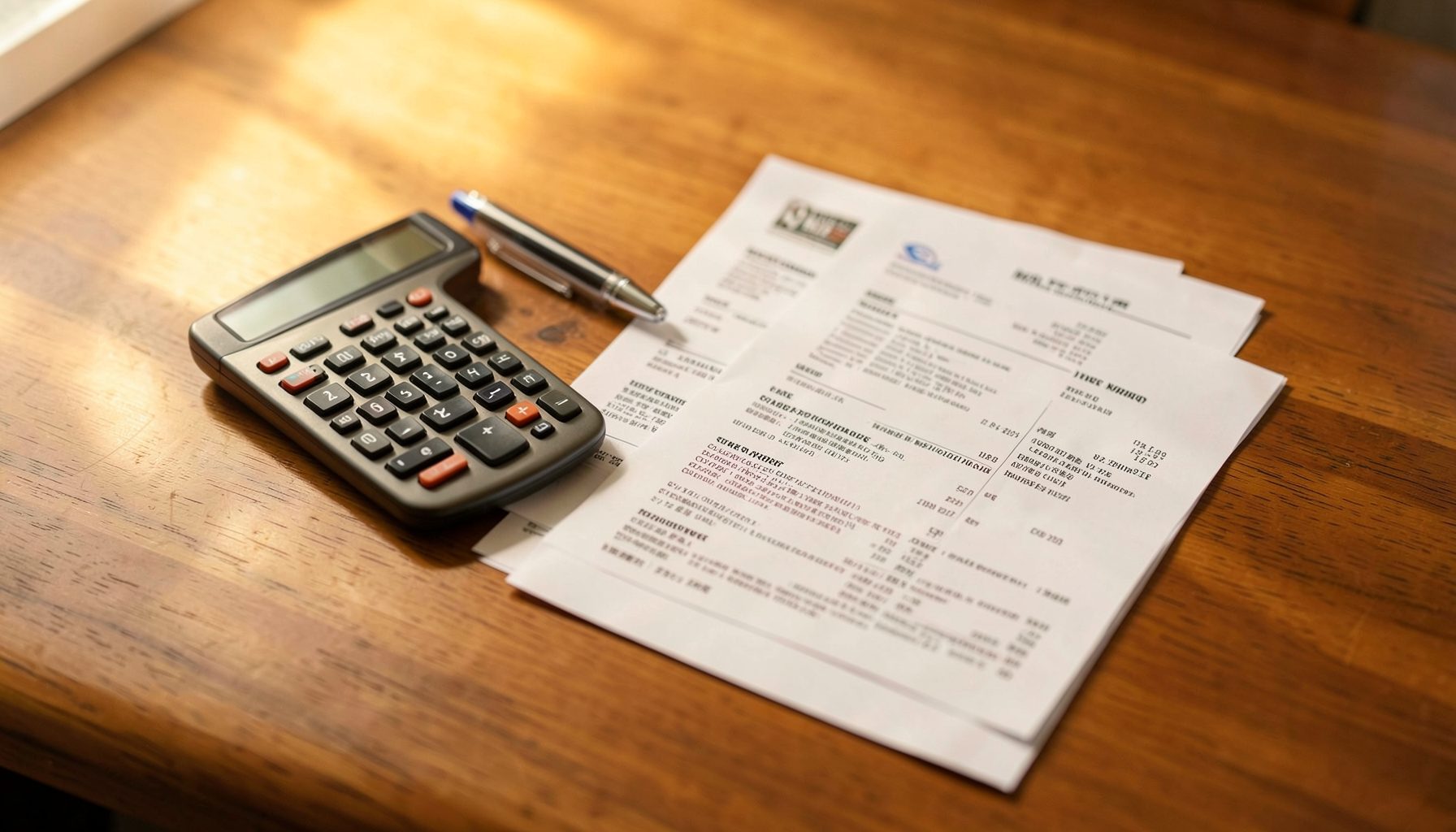 A clean desk with a calculator, pen, and printed invoice documents on warm wood, bathed in soft golden light