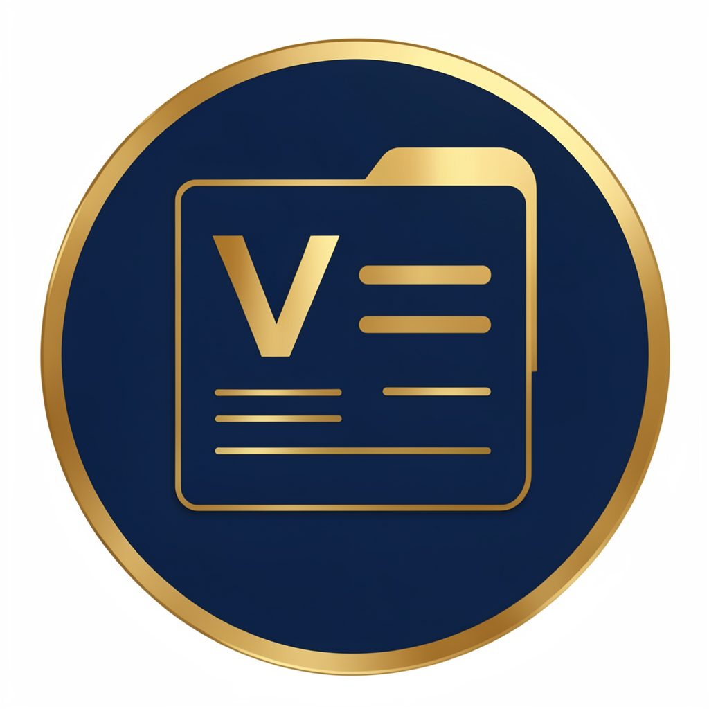 Circular icon representing a CV or resume, navy and gold tones