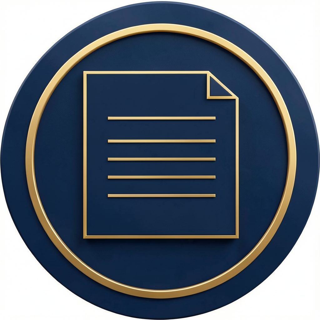 Circular icon representing a formal business letter, navy and gold tones