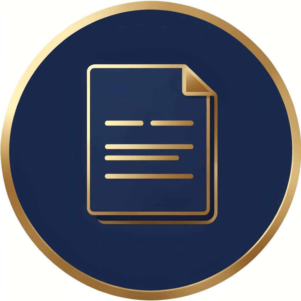 Circular icon representing a job application document, navy and gold tones