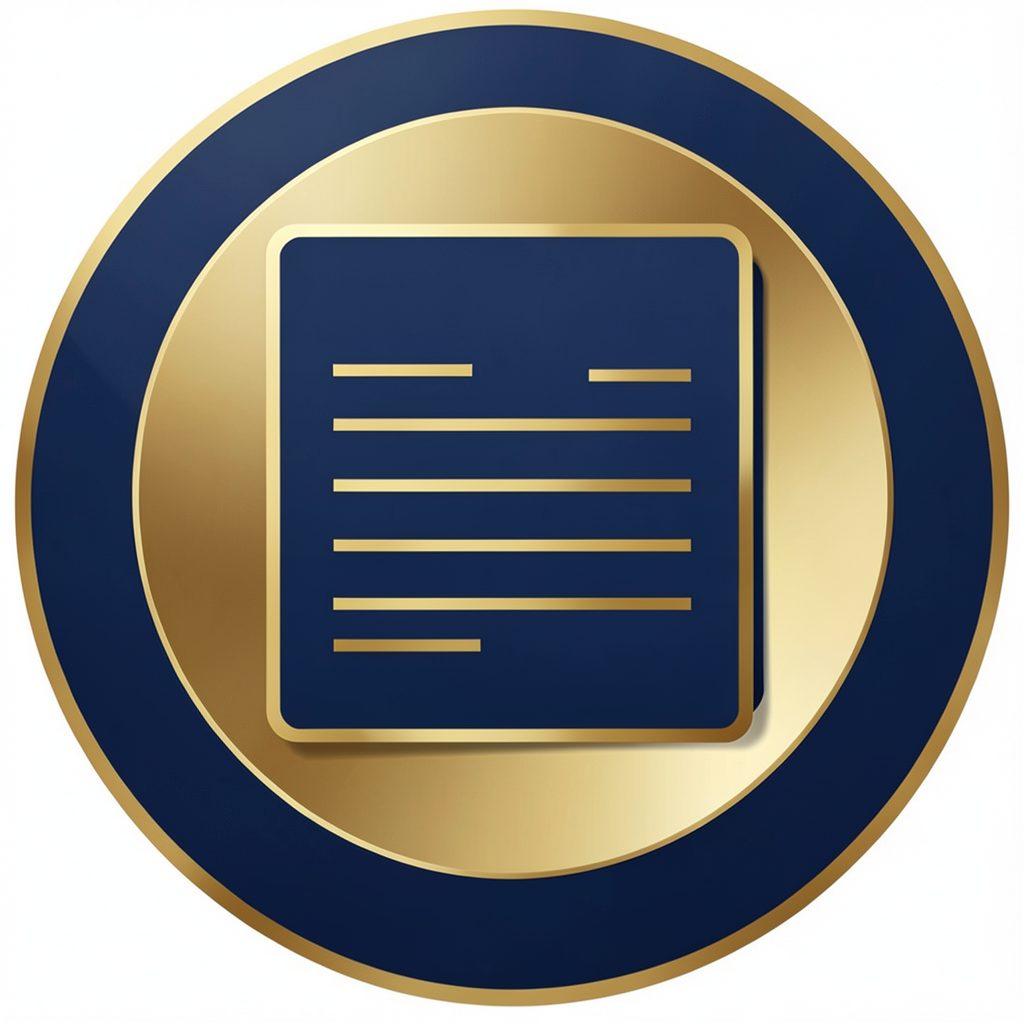 Circular icon representing a motivation letter for university, navy and gold tones