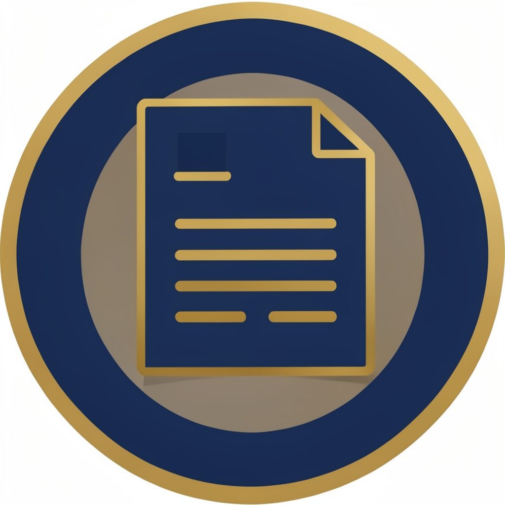 Circular icon representing an invoice document, navy and gold tones