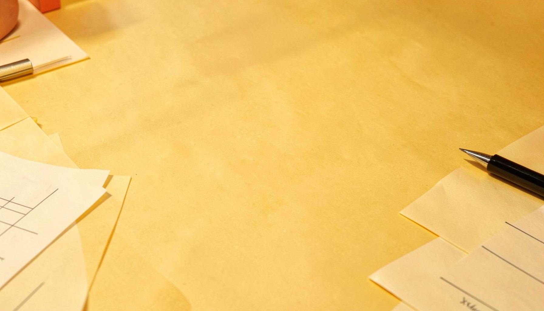 Warm golden-yellow background with subtle paper-texture tones, suggesting a desk workspace with documents and stationery